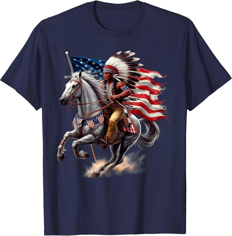 Native American Day US Flag Indian Riding Horse 4th of July T-Shirt - Navy Blue
