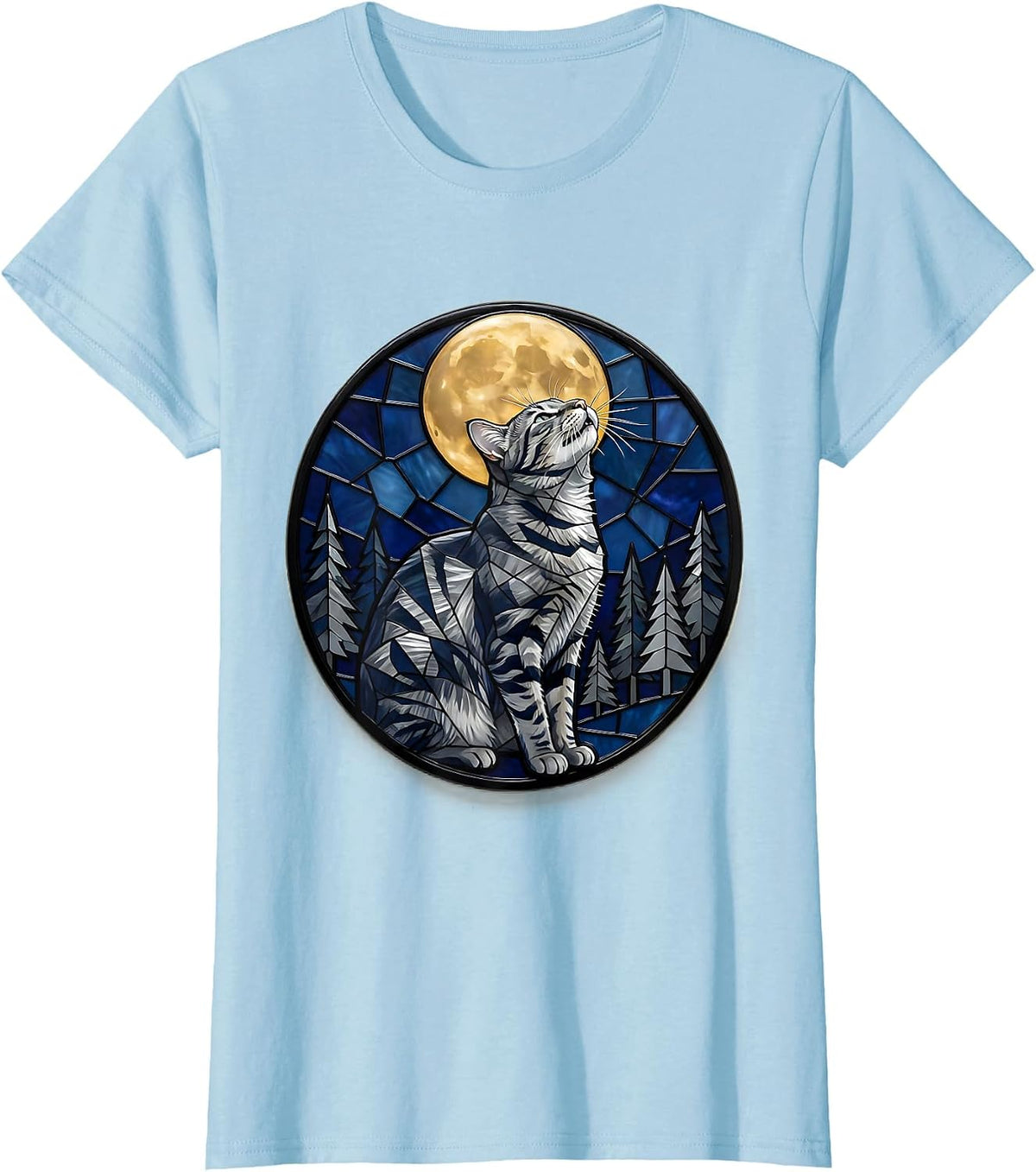 Grey Tabby Cat Howling at Moon Stained Glass 90's Retro T-Shirt - Baby Blue