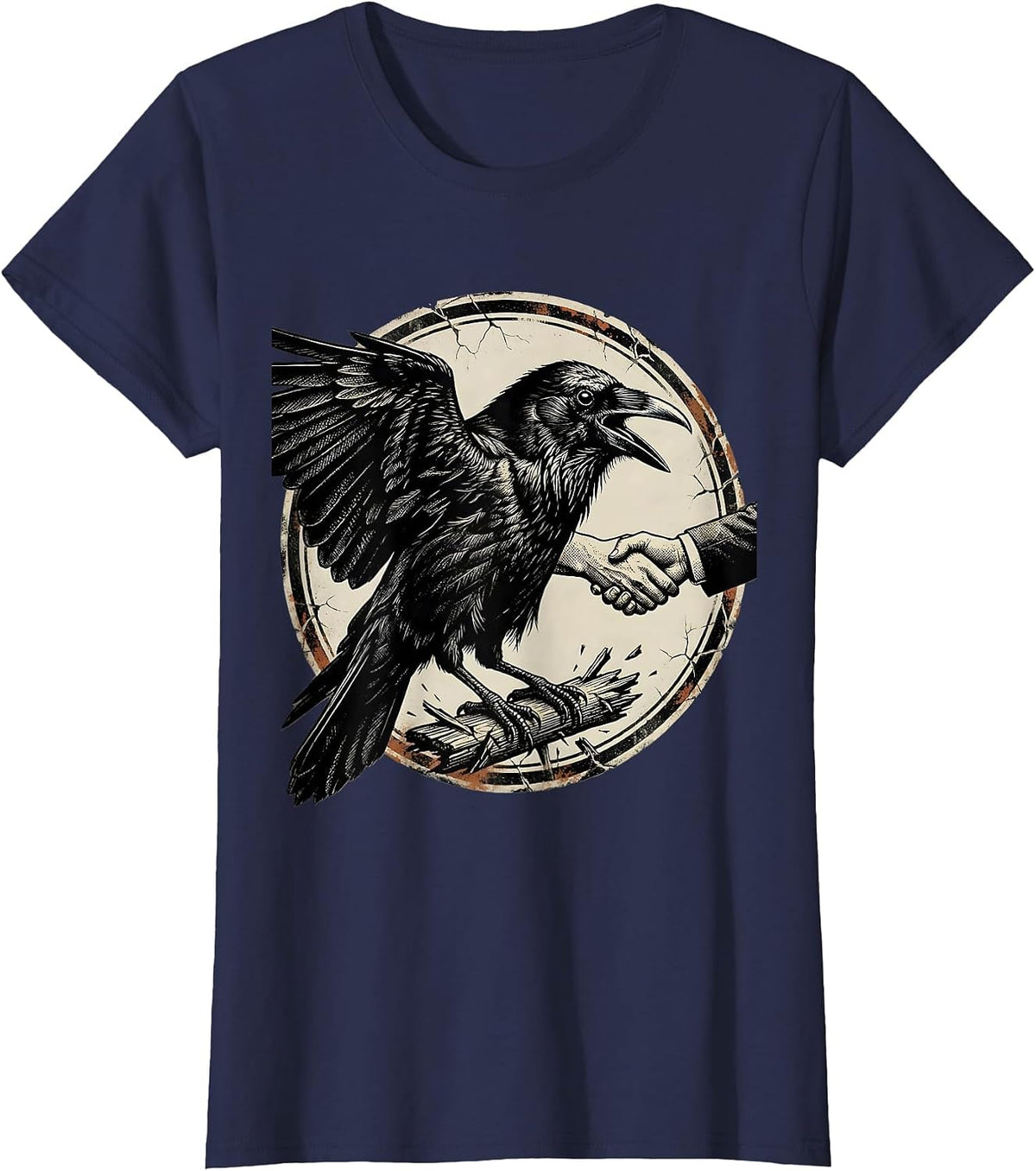 Women's Sealed Crow Badge Distressed Gothic Bird Lover T-Shirt - Navy Blue