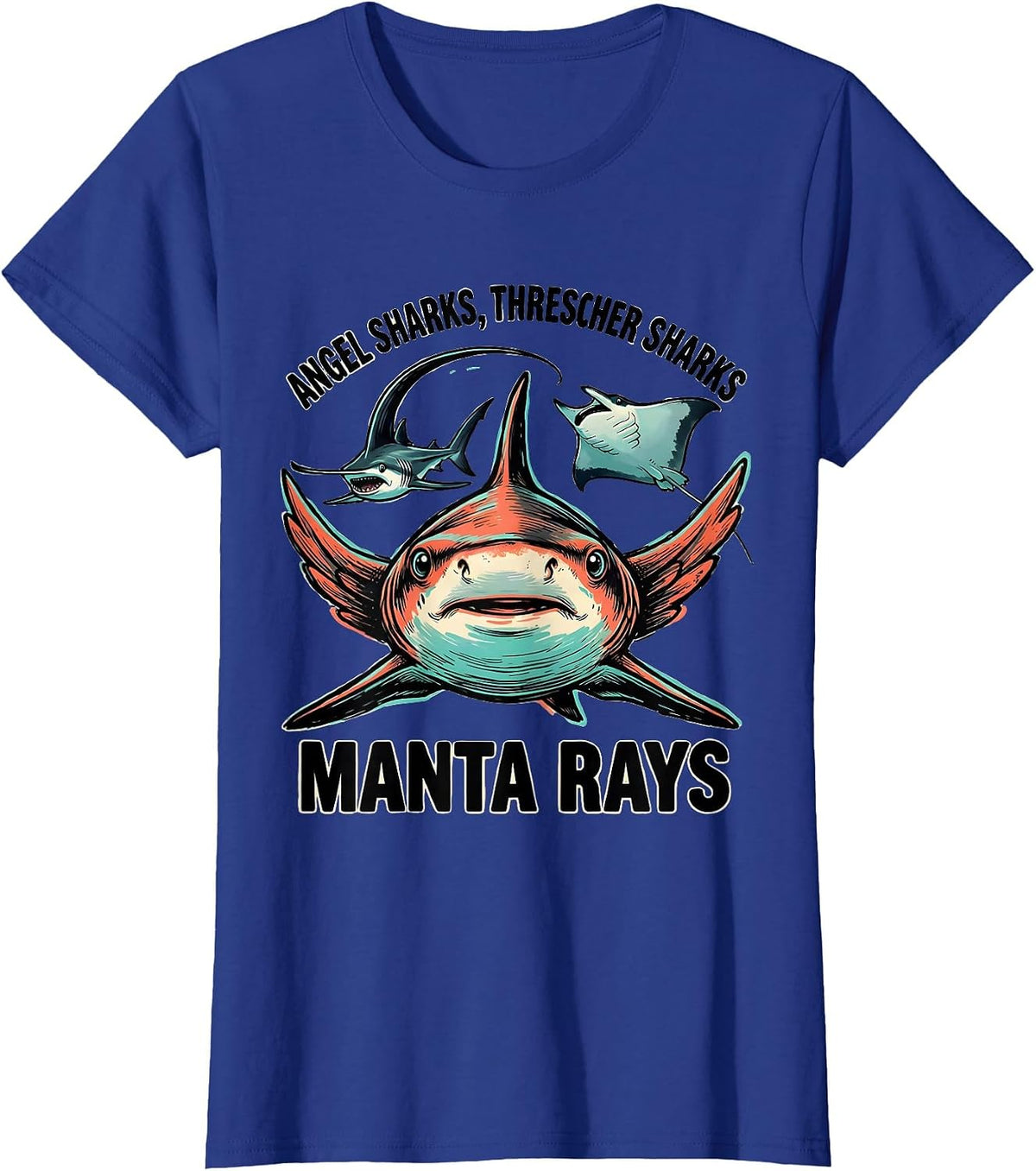 Women's Angel Sharks, Thresher Sharks, Manta Rays Marine Biology T-Shirt - Royal Blue