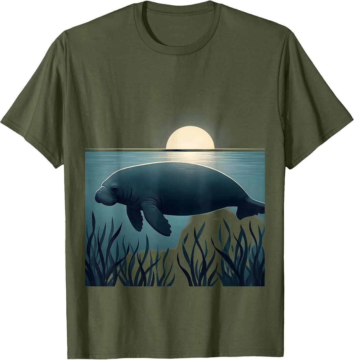 Men's Gulf of America Manatee Underwater Illustration T-Shirt - Olive Green
