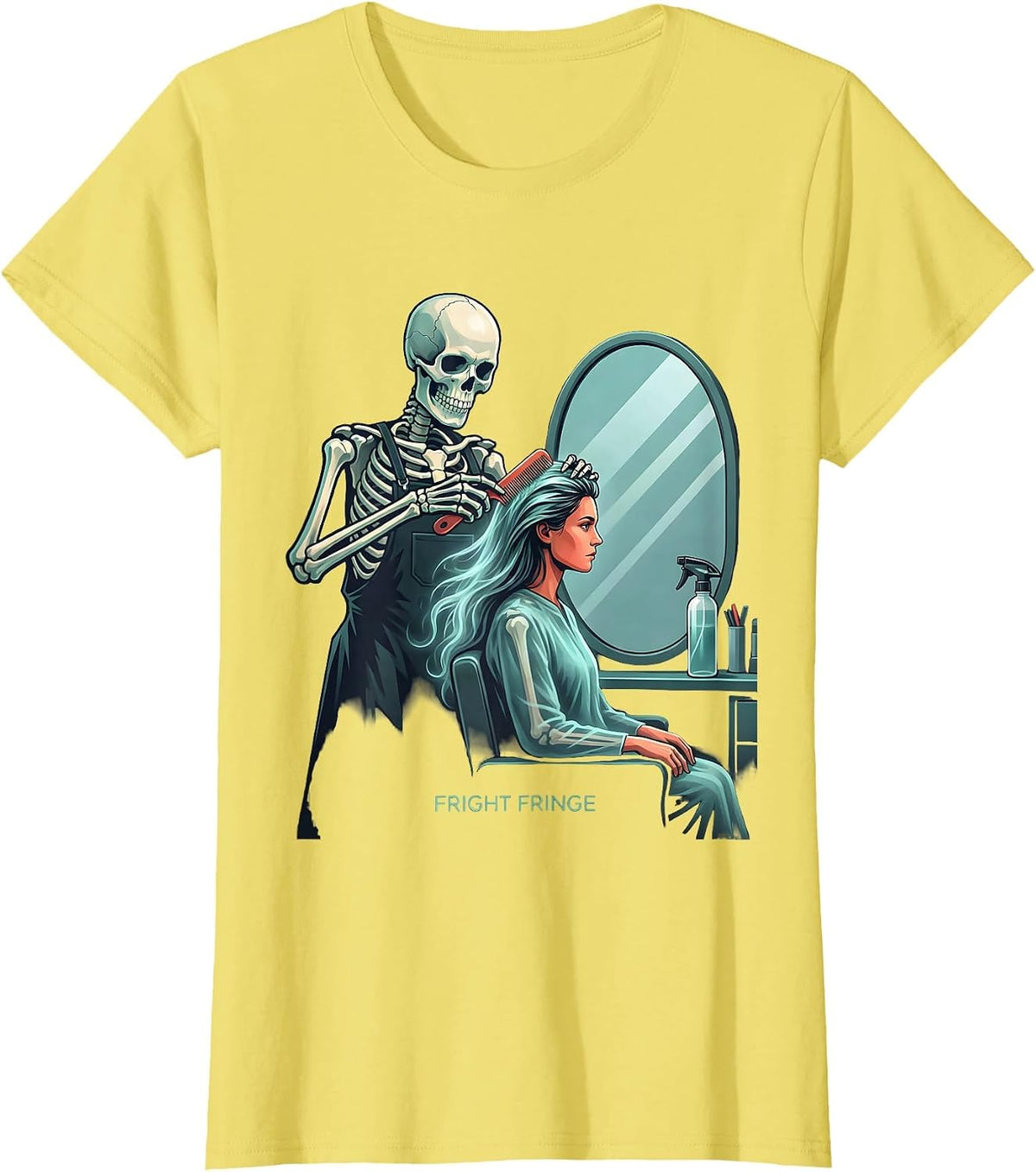 Fright Fringe Flat Vector Skeleton Hairstylist Halloween T-Shirt - Lemon Yellow
