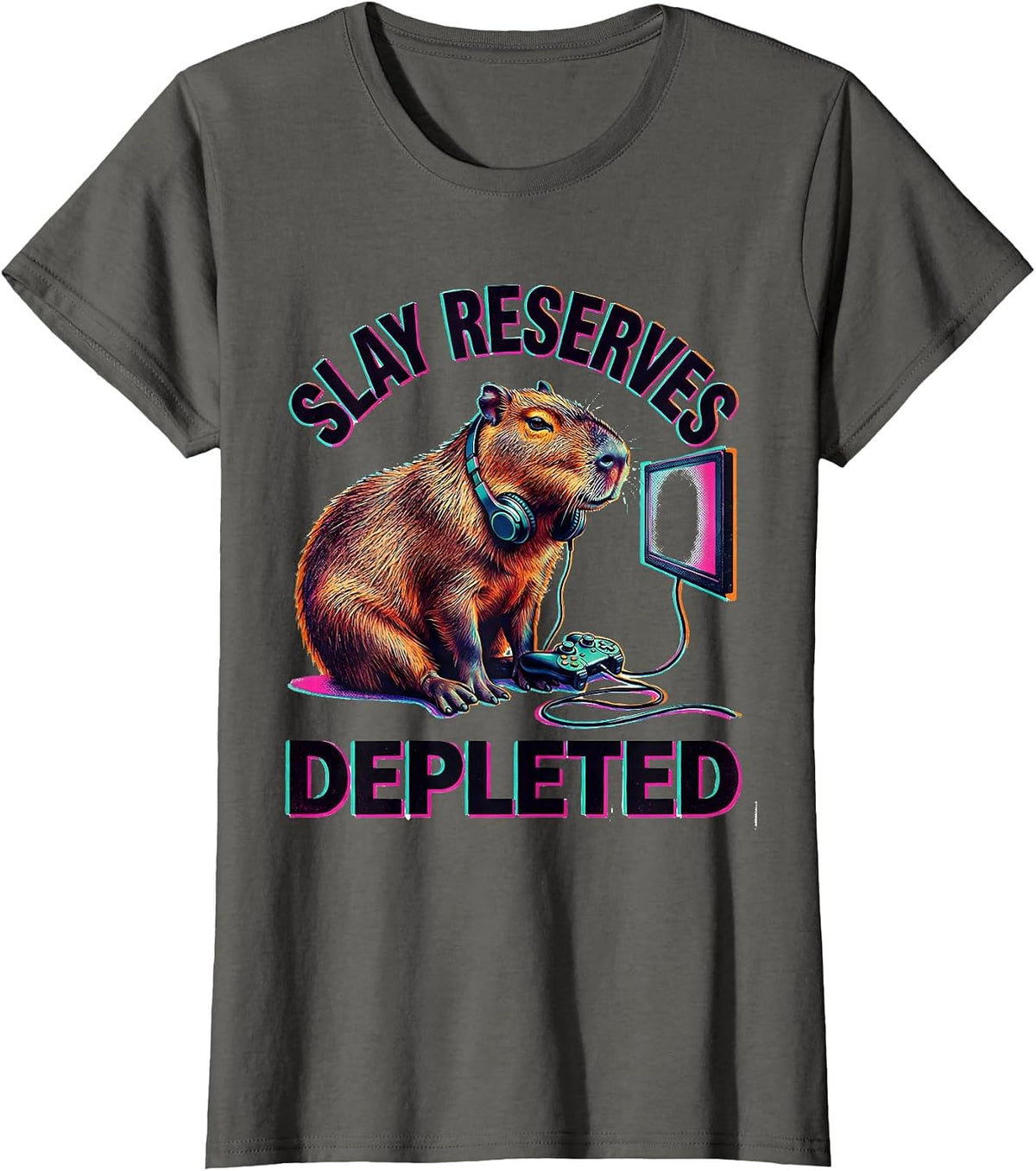 Women's Slay Reserves Depleted Funny Capybara Gamer Bruh Meme Humor T-Shirt - Asphalt Grey