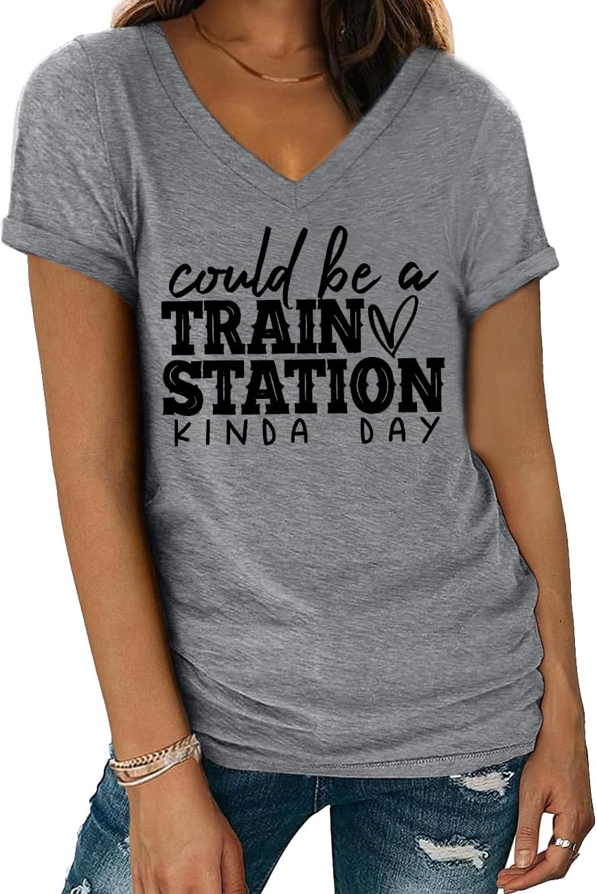 Could Be A Train Station Kind of Day Shirt V Neck Train Station Tshirts for Women Men - Grey