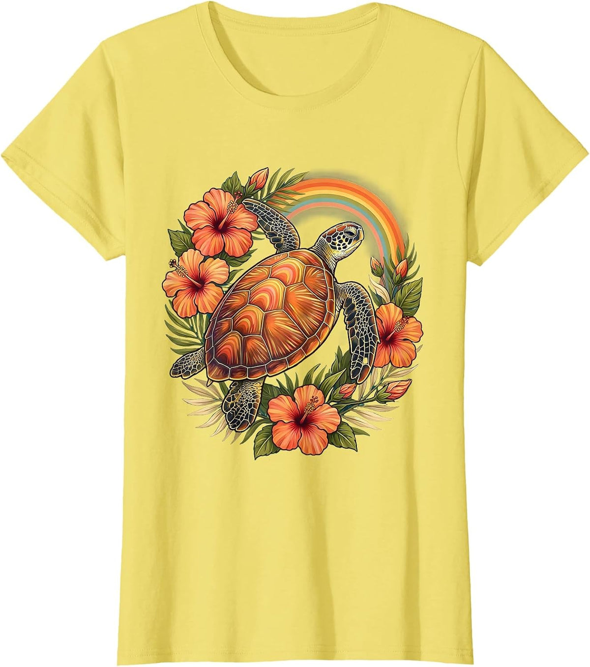 Sea Turtle Hibiscus Hawaiian Floral Design T-Shirt - Lemon Yellow