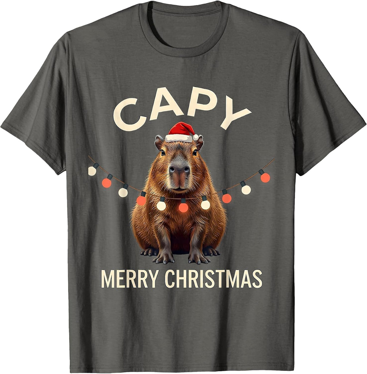 Capy Merry Christmas Cute Capybara Santa Hat Holiday Humor T-Shirt - Asphalt Grey