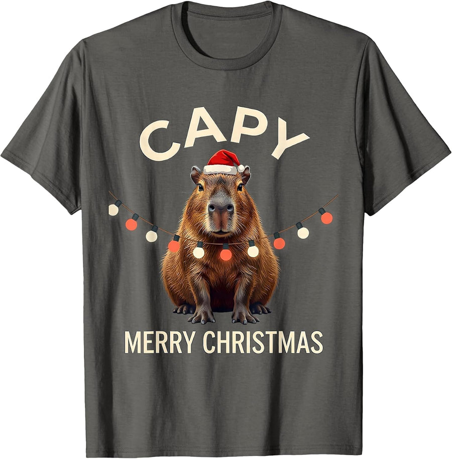 Capy Merry Christmas Cute Capybara Santa Hat Holiday Humor T-Shirt - Asphalt Grey
