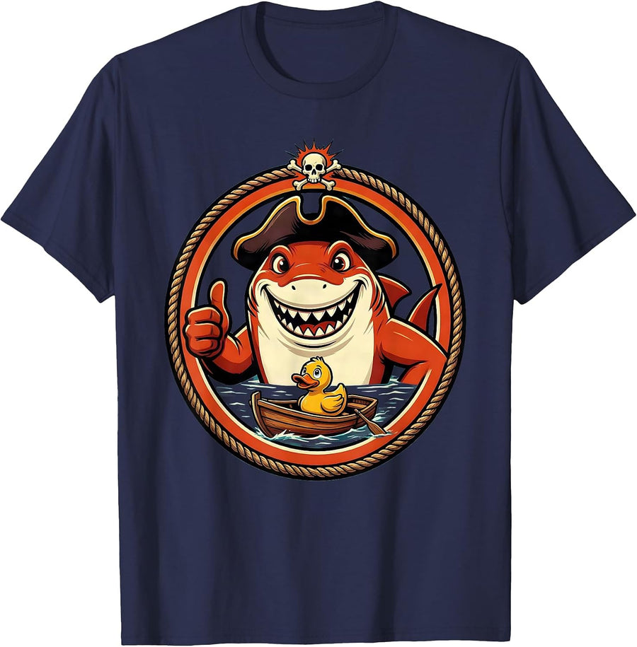 Shark Fin Life Raft Pirate Graphic Tee T-Shirt - Navy Blue