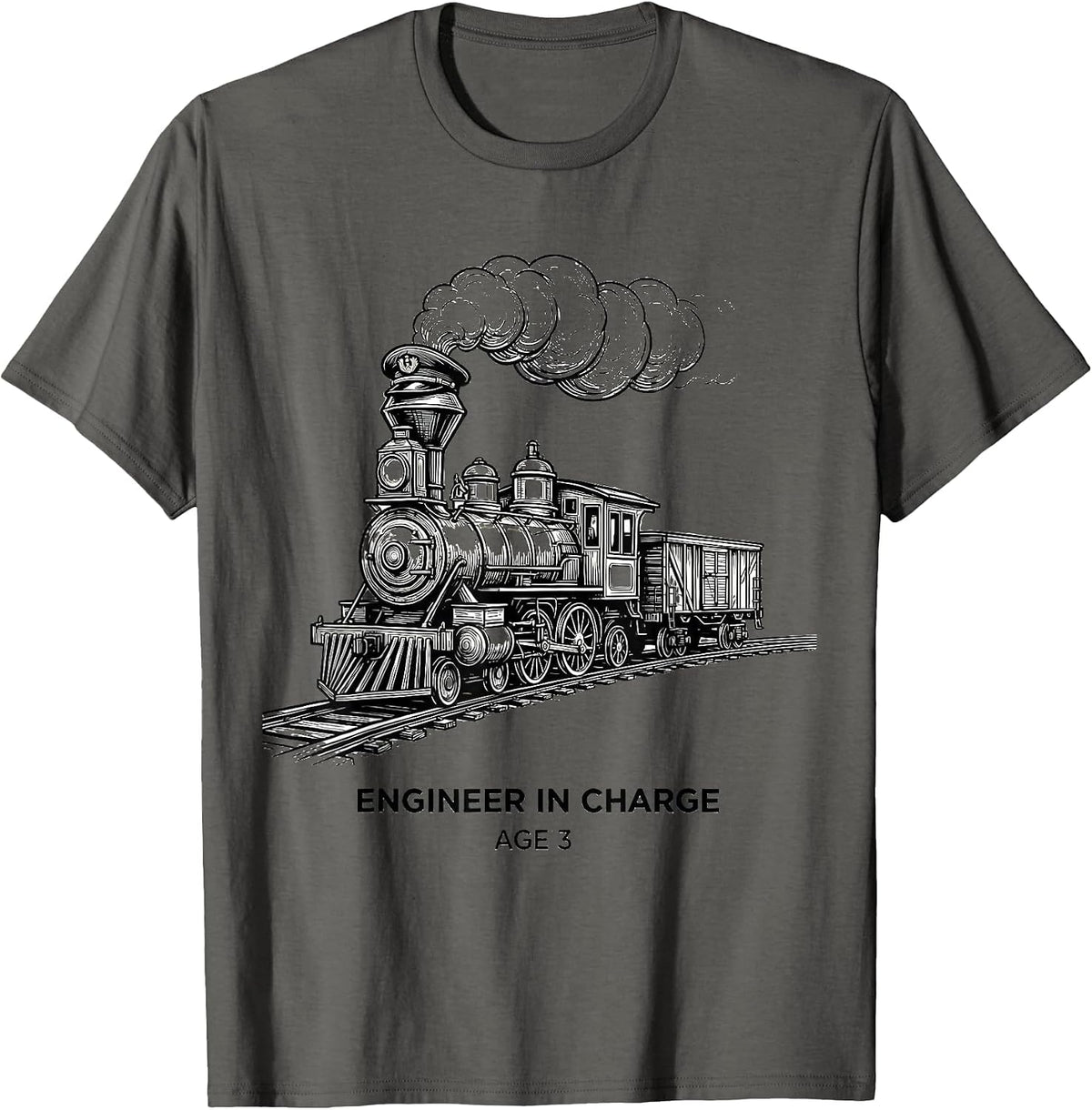 Engineer In Charge Age 3 Kids Construction Train Birthday T-Shirt, Men, Asphalt Grey, X-Large - As Pictured