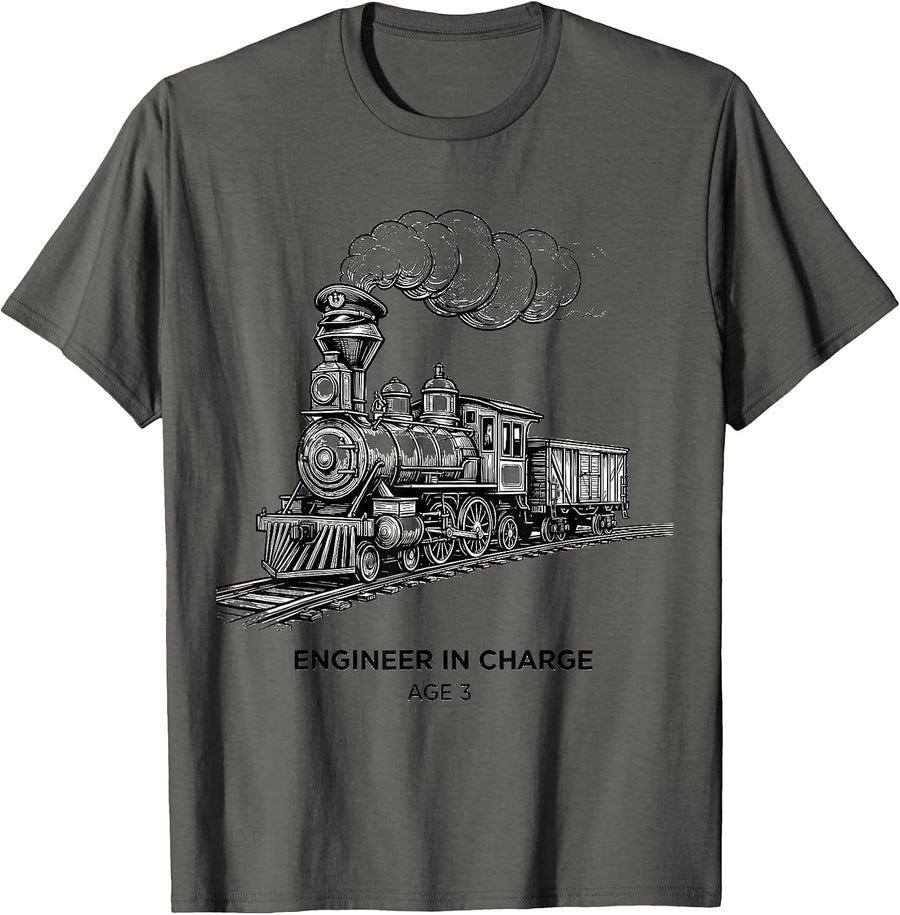 Engineer In Charge Age 3 Kids Construction Train Birthday T-Shirt, Men, Asphalt Grey, X-Large - As Pictured