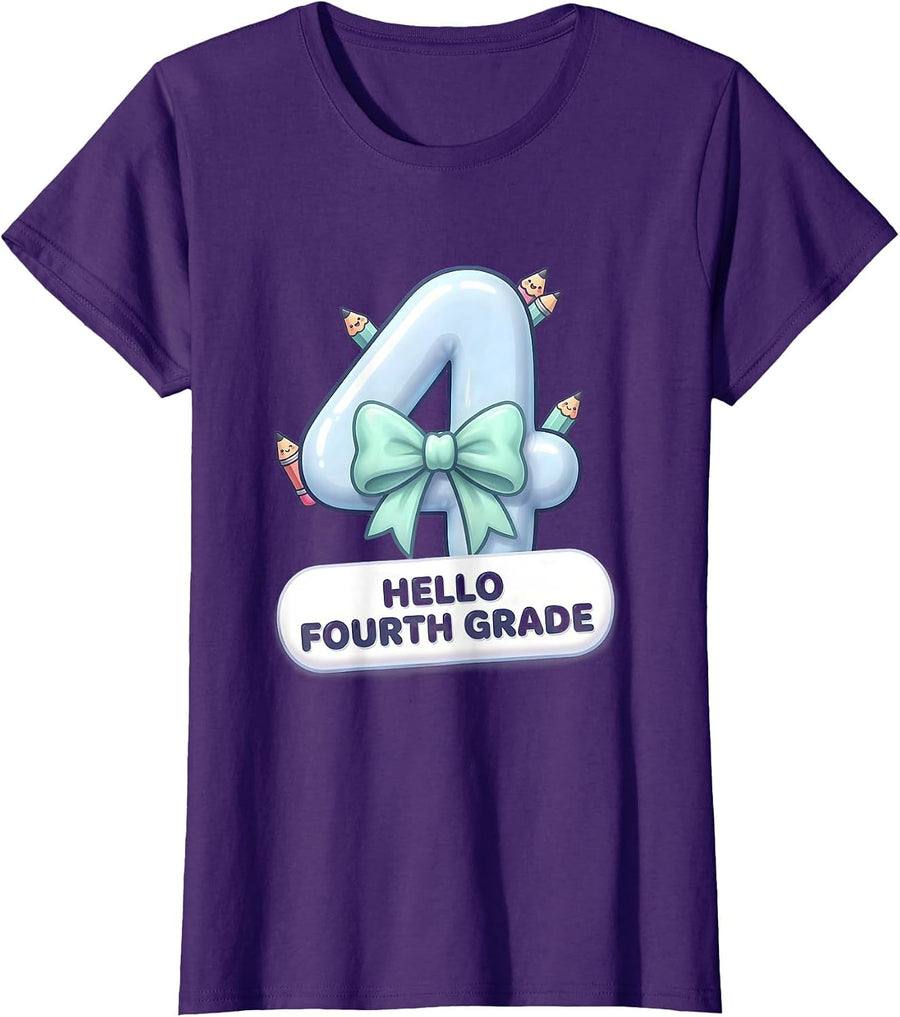 Women's Hello Fourth Grade Cute Kawaii Coquette Bow Back to School T-Shirt - Purple