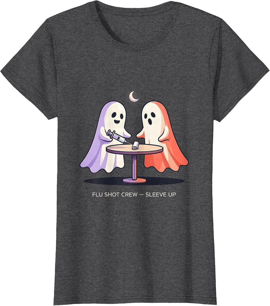 Women's Flu Shot Crew Sleeve Up Funny Halloween Nurse Ghost Vaccine T-Shirt - Dark Heather Grey