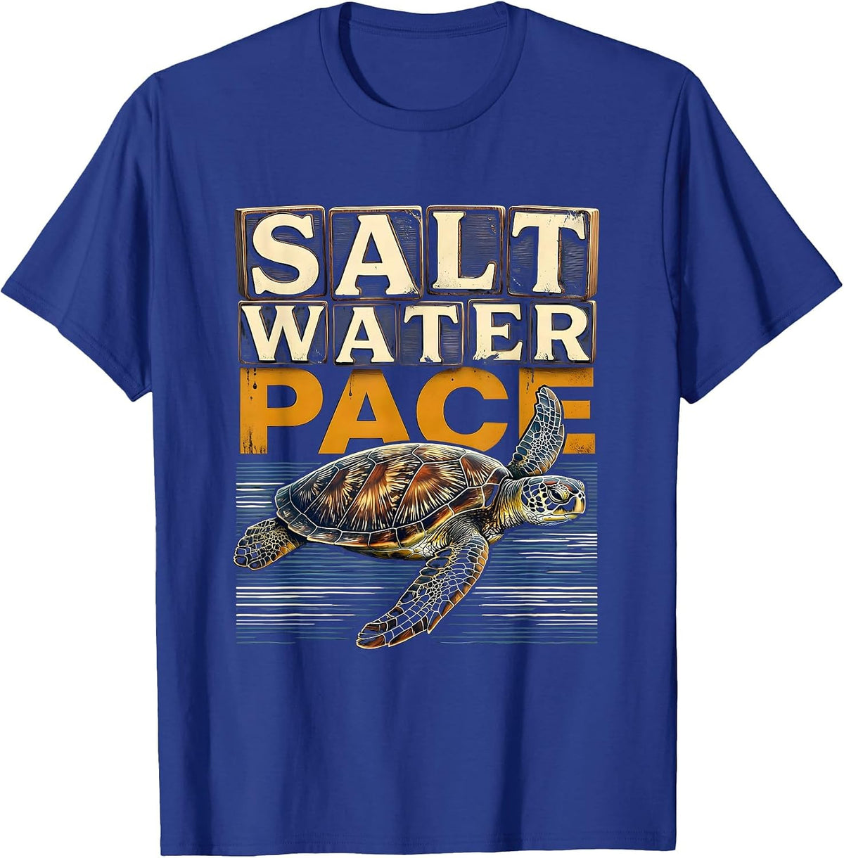 Men's Salt Water Pace Wood Type Letterpress Sea Turtle Souvenir T-Shirt - Royal Blue