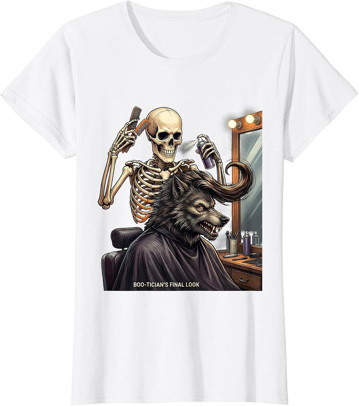 Boo-tician's Final Look Funny Skeleton Hairdresser Halloween T-Shirt - White