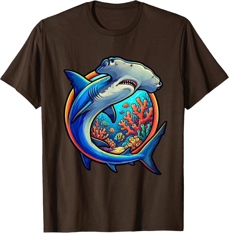 Men's Hammerhead Shark Circling Coral Reef Design T-Shirt - Brown