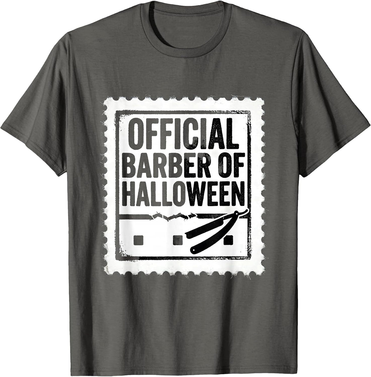 Men's Official Barber Of Halloween Rubber Stamp Skeleton Barber T-Shirt - Asphalt Grey