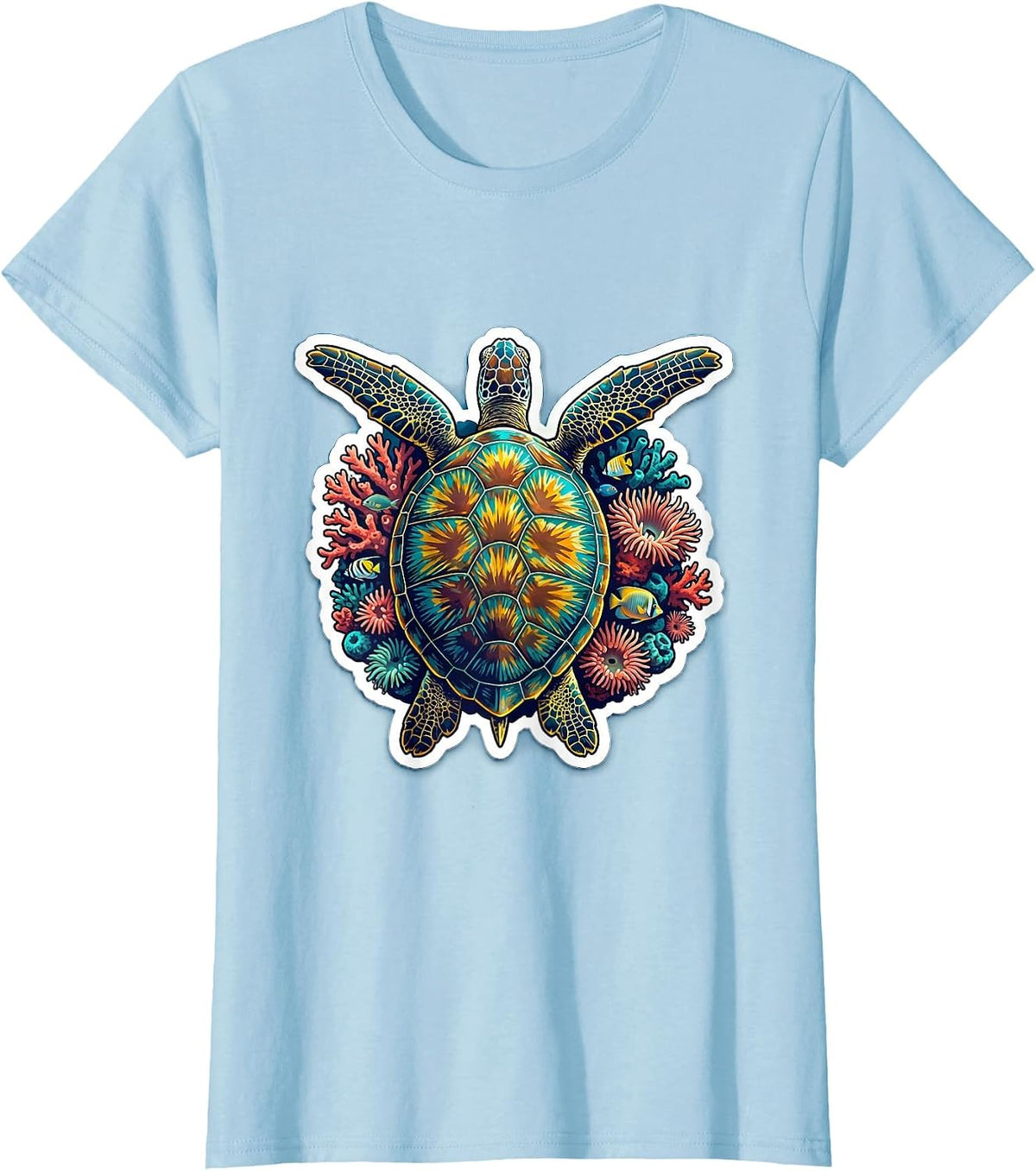 Women's Hawaiian Sea Turtle Coral Reef Graphic Design T-Shirt - Baby Blue