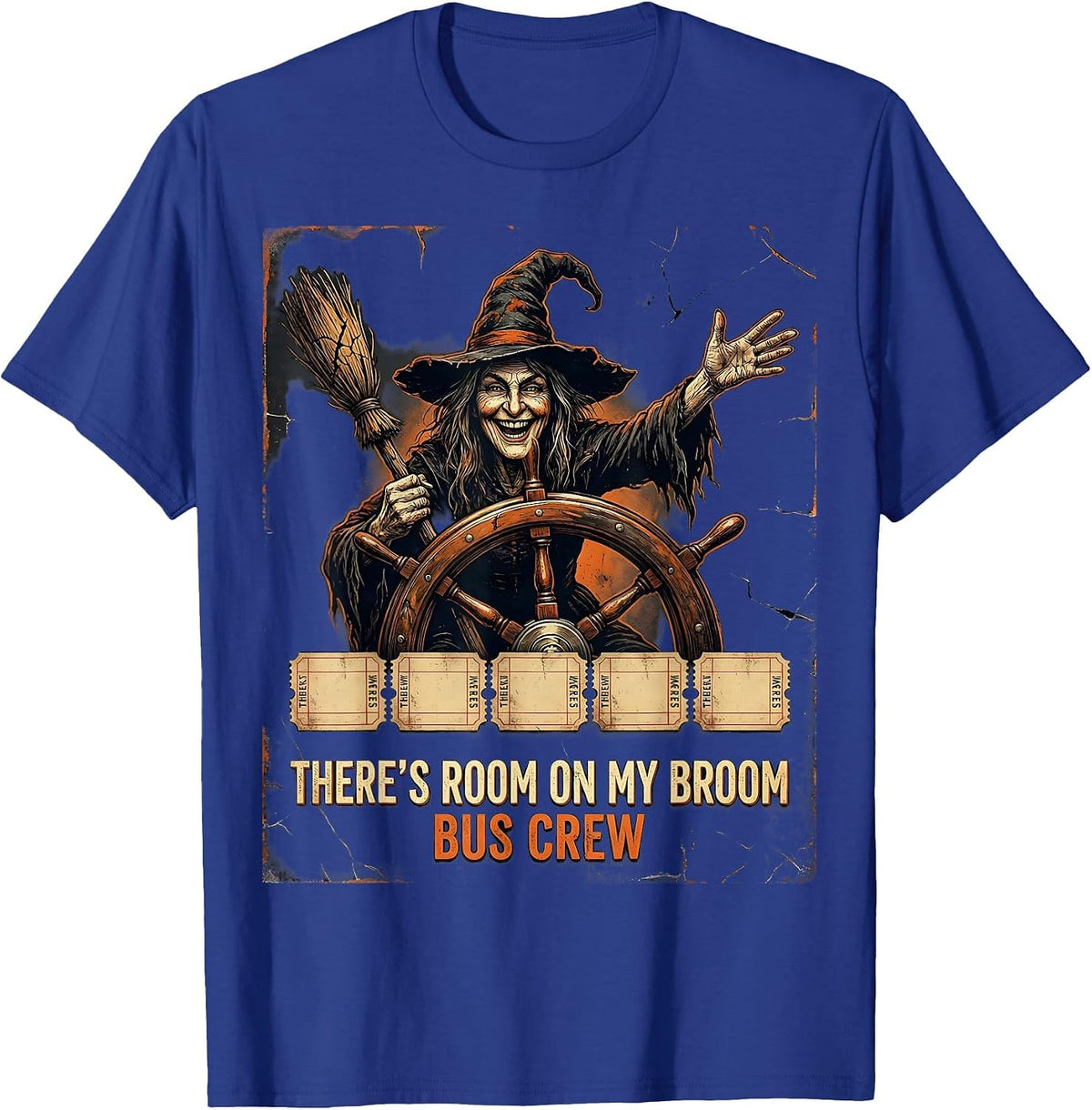 Men's There's Room On My Broom Bus Crew Distressed Halloween T-Shirt - Royal Blue