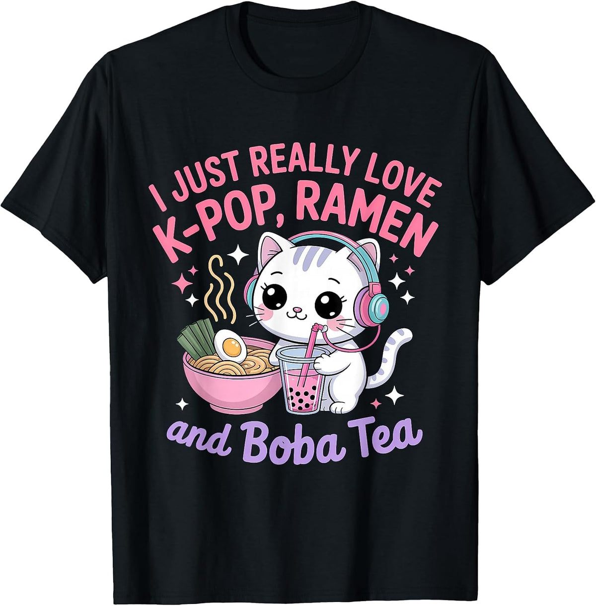 I Just Really Love K-Pop Ramen and Boba Tea Cat T-Shirt - Black
