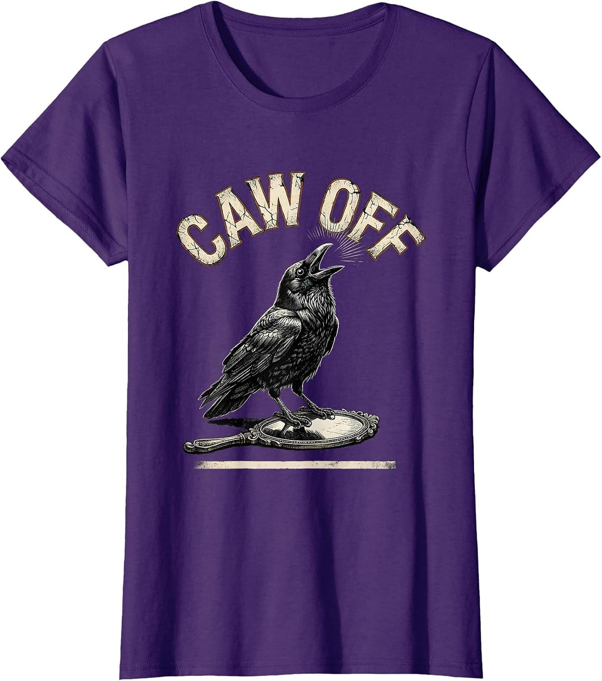 Women's CAW OFF Distressed Crow Gothic Bird Lover Humor T-Shirt - Purple