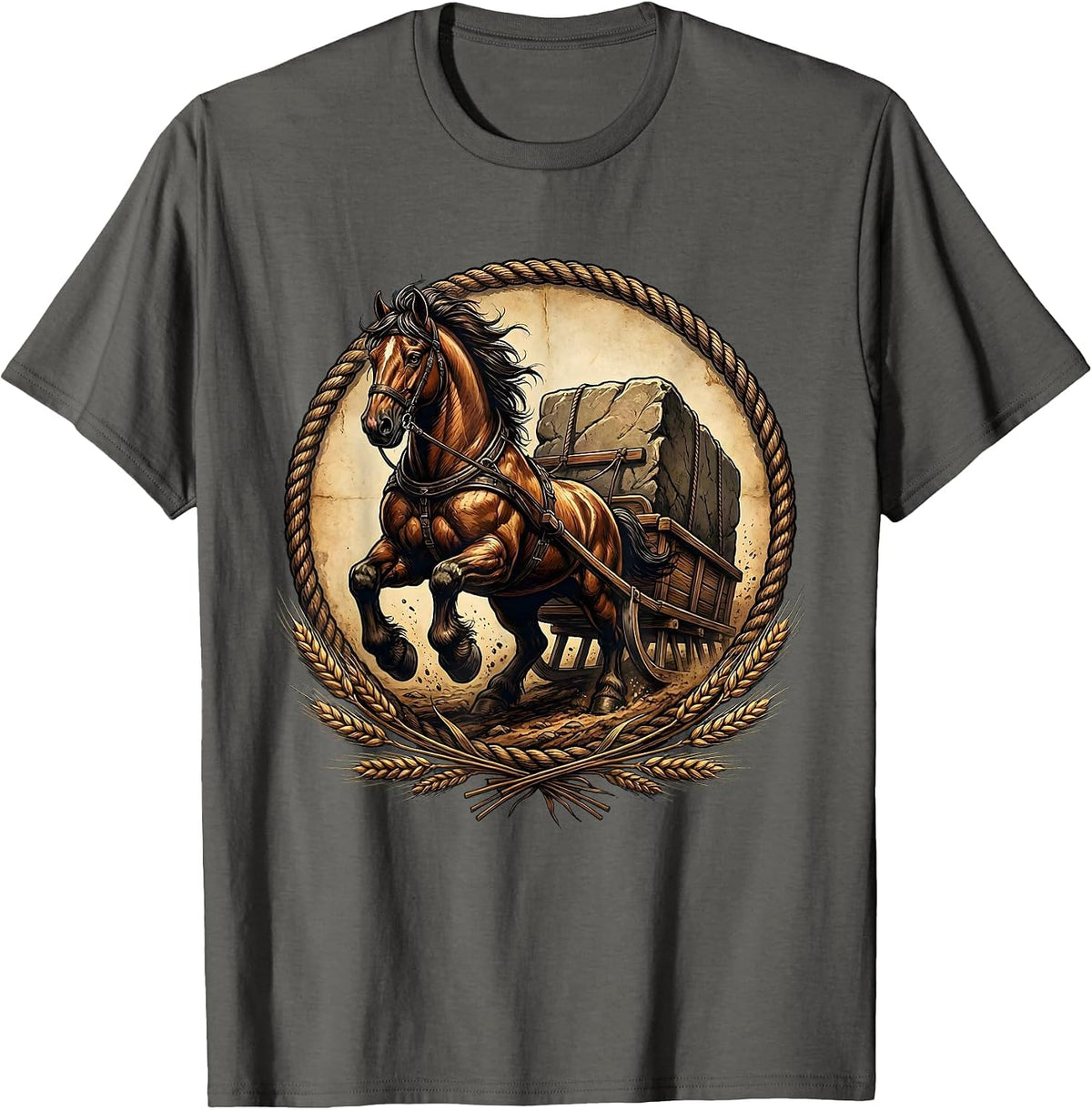 Draft Horse Pulling Ancient Stone Graphic T-Shirt - Asphalt Grey