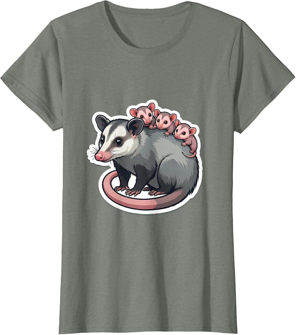 Opossum Mother With Babies Riding on Her Back T-Shirt - Olive Heather