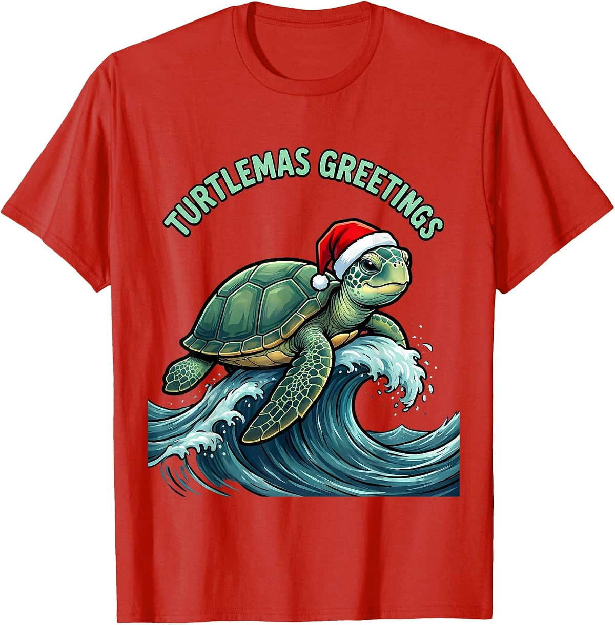 Men's Turtlemas Greetings Cartoon Sea Turtle Santa Hat Holiday T-Shirt - Red
