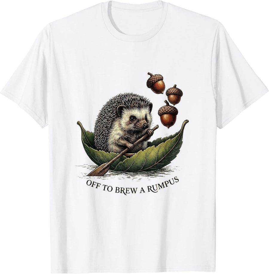 Men's Off To Brew A Rumpus Cottagecore Hedgehog Whimsical Animal T-Shirt - White