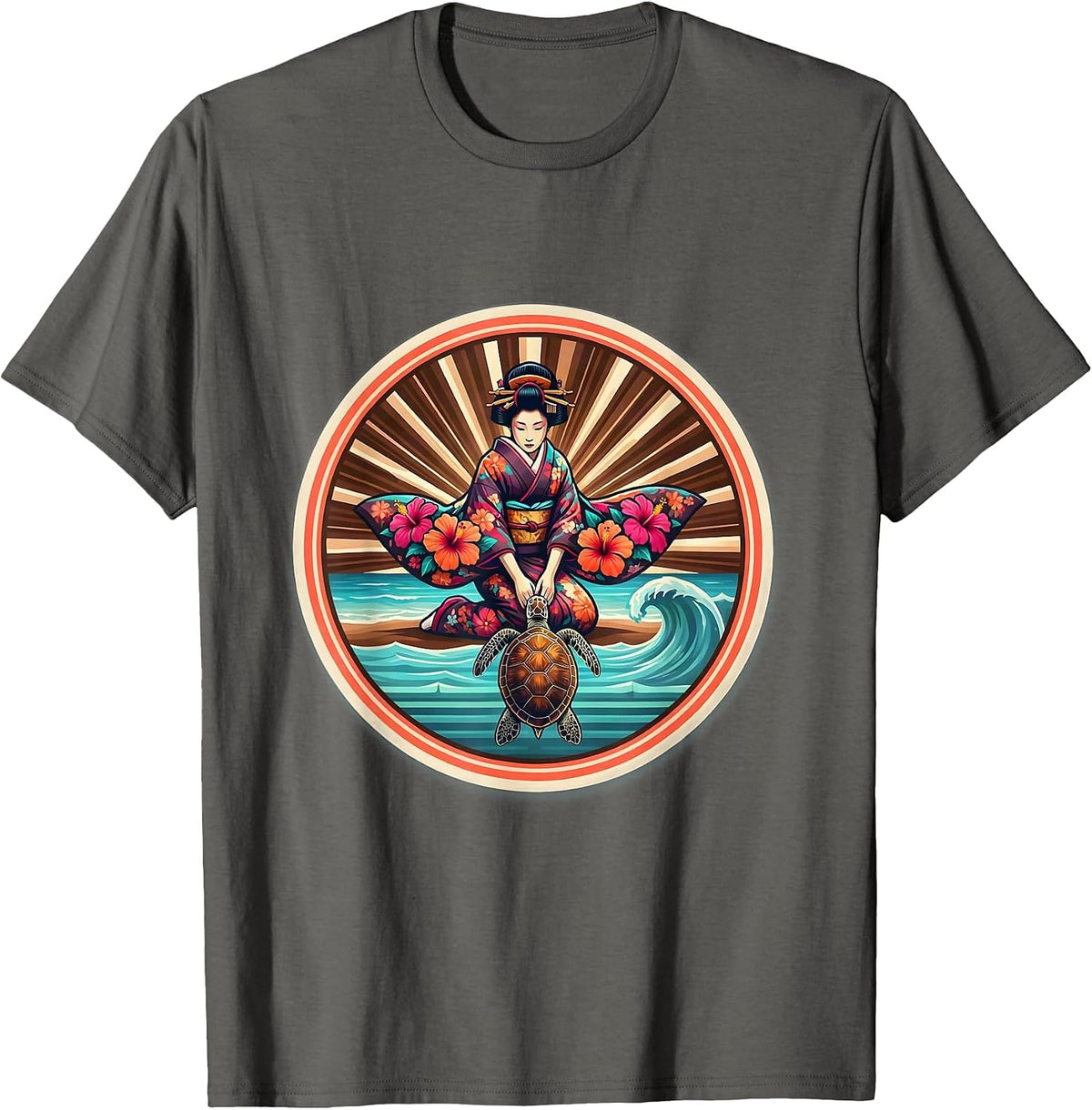 Floral Kimono Sea Turtle Release Aloha Design T-Shirt - Asphalt Grey