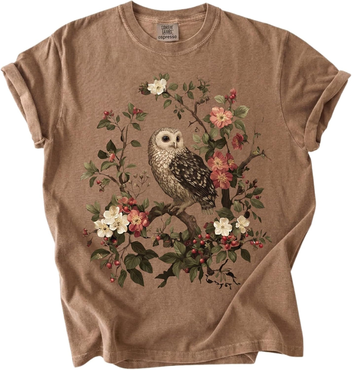 FITIN Vintage Owl Floral Graphic Garment-Dyed Tee – Nature Bird Aesthetic Unisex T-Shirt Cute Botanical Animal Shirt -