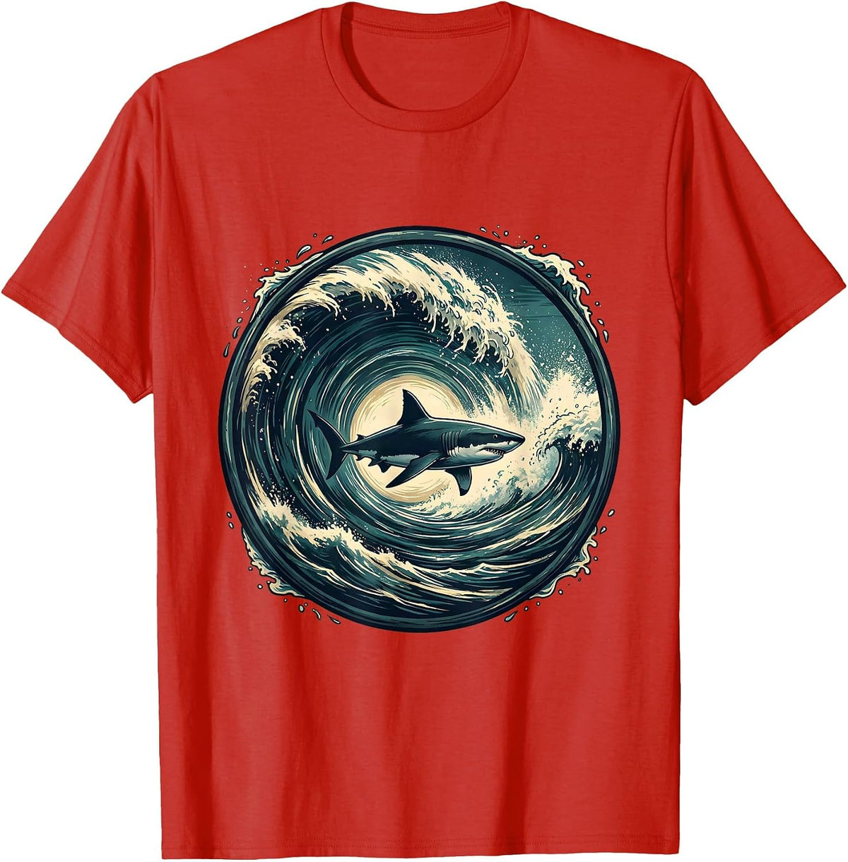 Men's Shark Silhouette Crashing Wave Barrel Graphic T-Shirt - Red