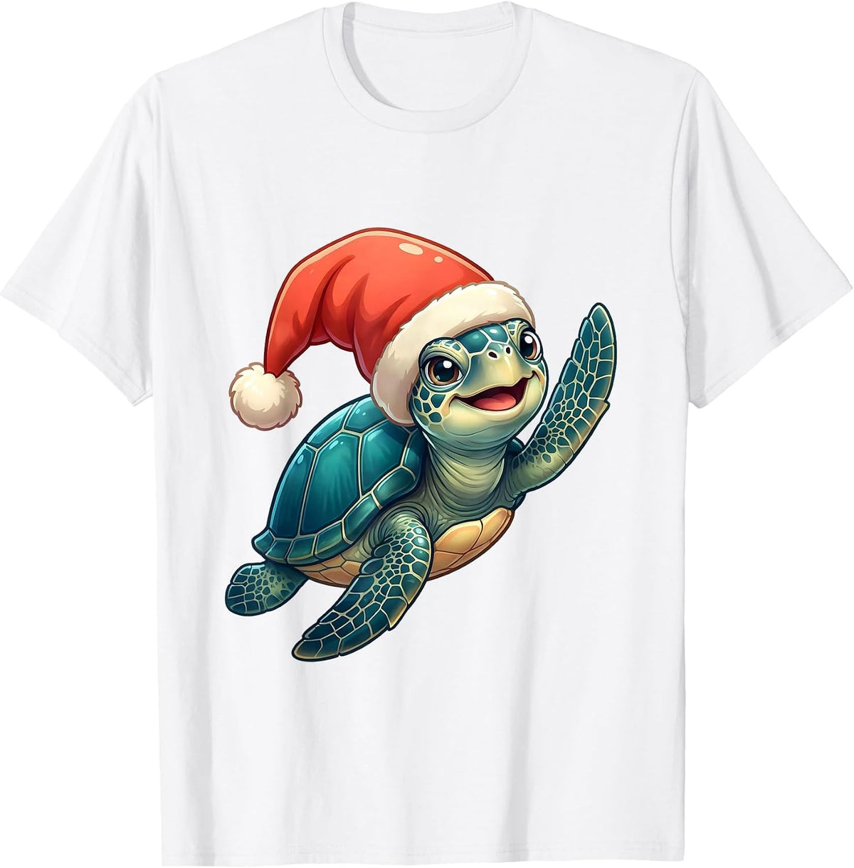 Men's Smiling Sea Turtle Santa Hat Cute Holiday Novelty T-Shirt - White