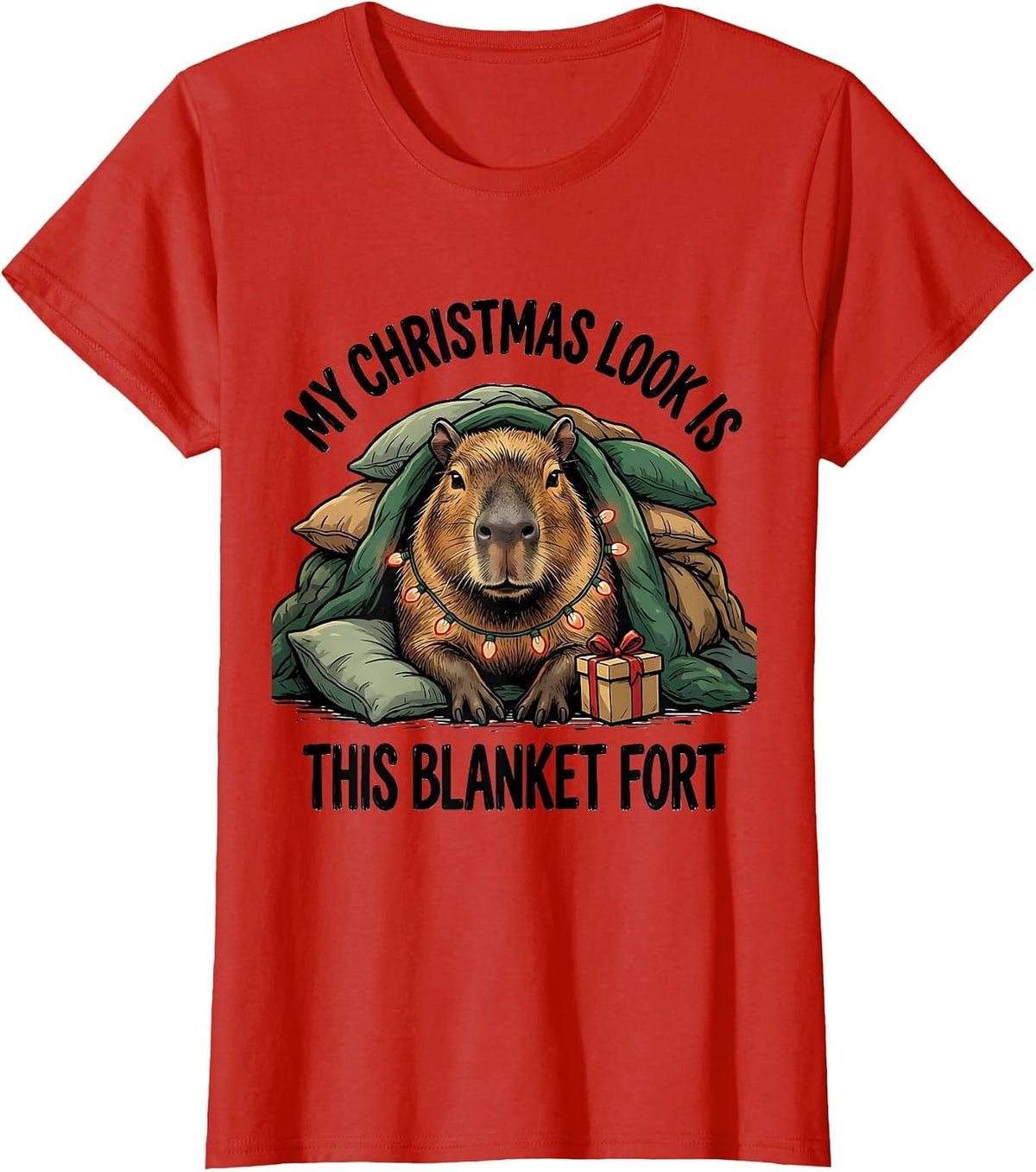 My Christmas Look Is This Blanket Fort Funny Capybara T-Shirt - Red