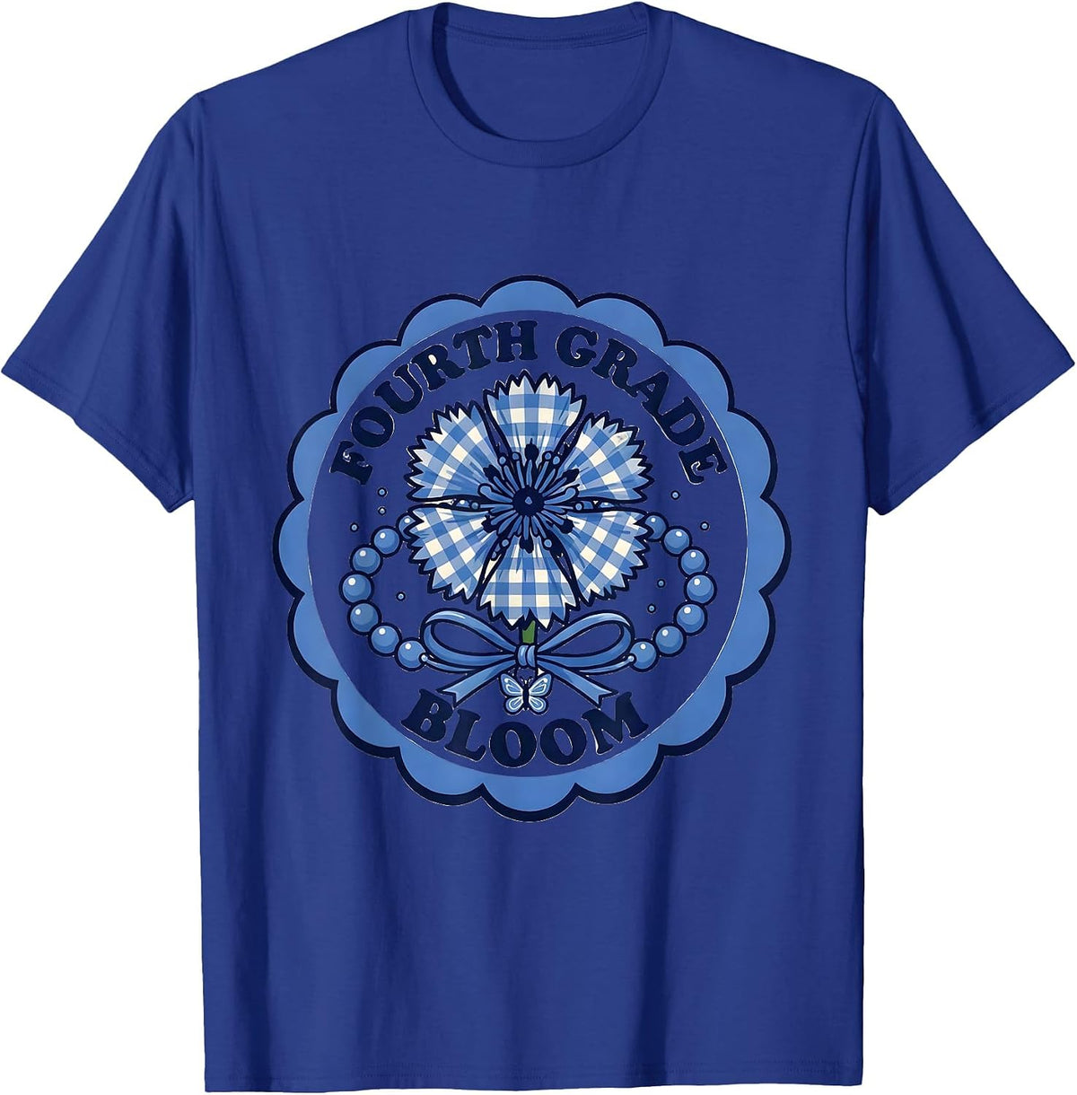 Fourth Grade Bloom Cute Gingham Back To School Friendship T-Shirt - Royal Blue