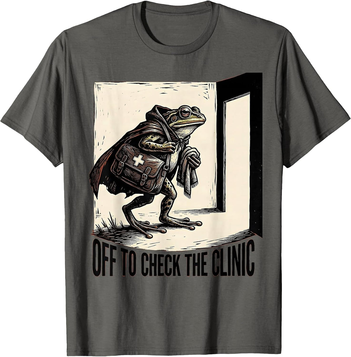 Off To Check The Clinic Linocut Frog Teacher Back to School T-Shirt - Asphalt Grey