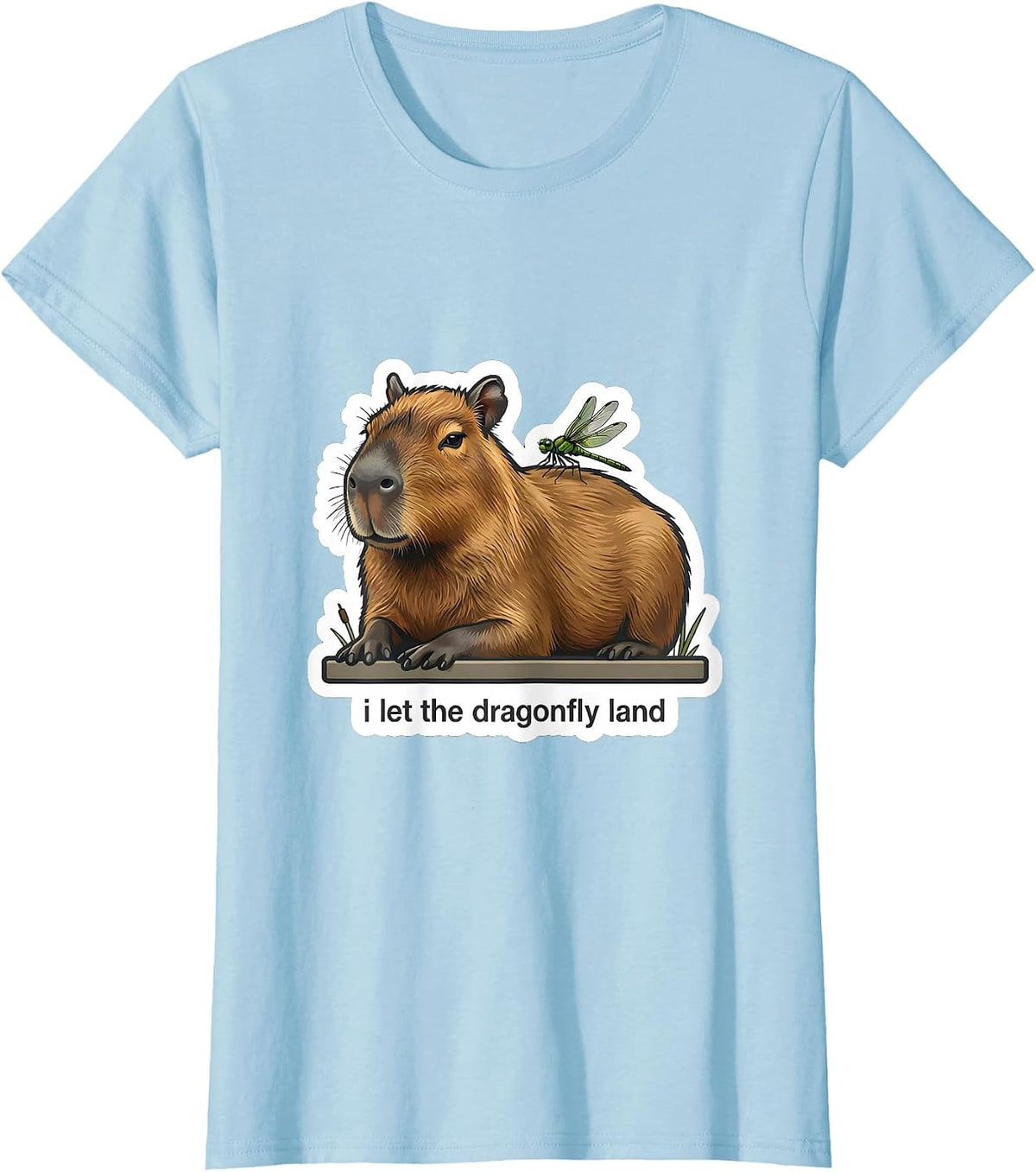 Women's i Let the Dragonfly Land Funny Capybara Meme Animal Humor T-Shirt - Baby Blue