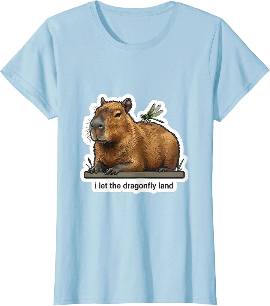 Women's i Let the Dragonfly Land Funny Capybara Meme Animal Humor T-Shirt - Baby Blue