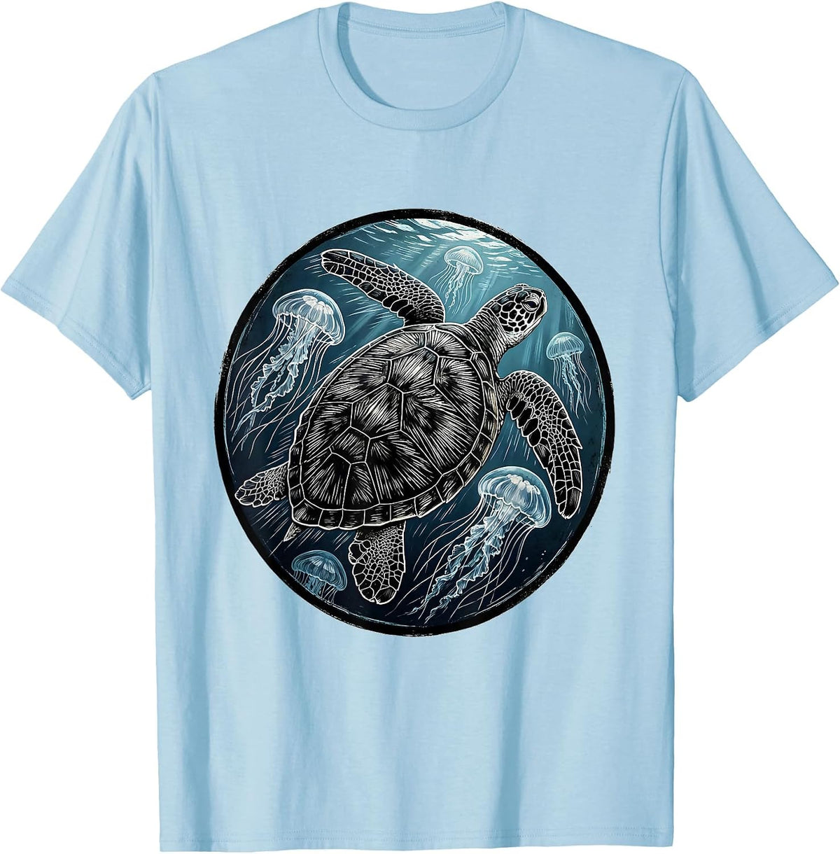 Men's Sea Turtle Swimming Through Jellyfish Bloom T-Shirt - Baby Blue