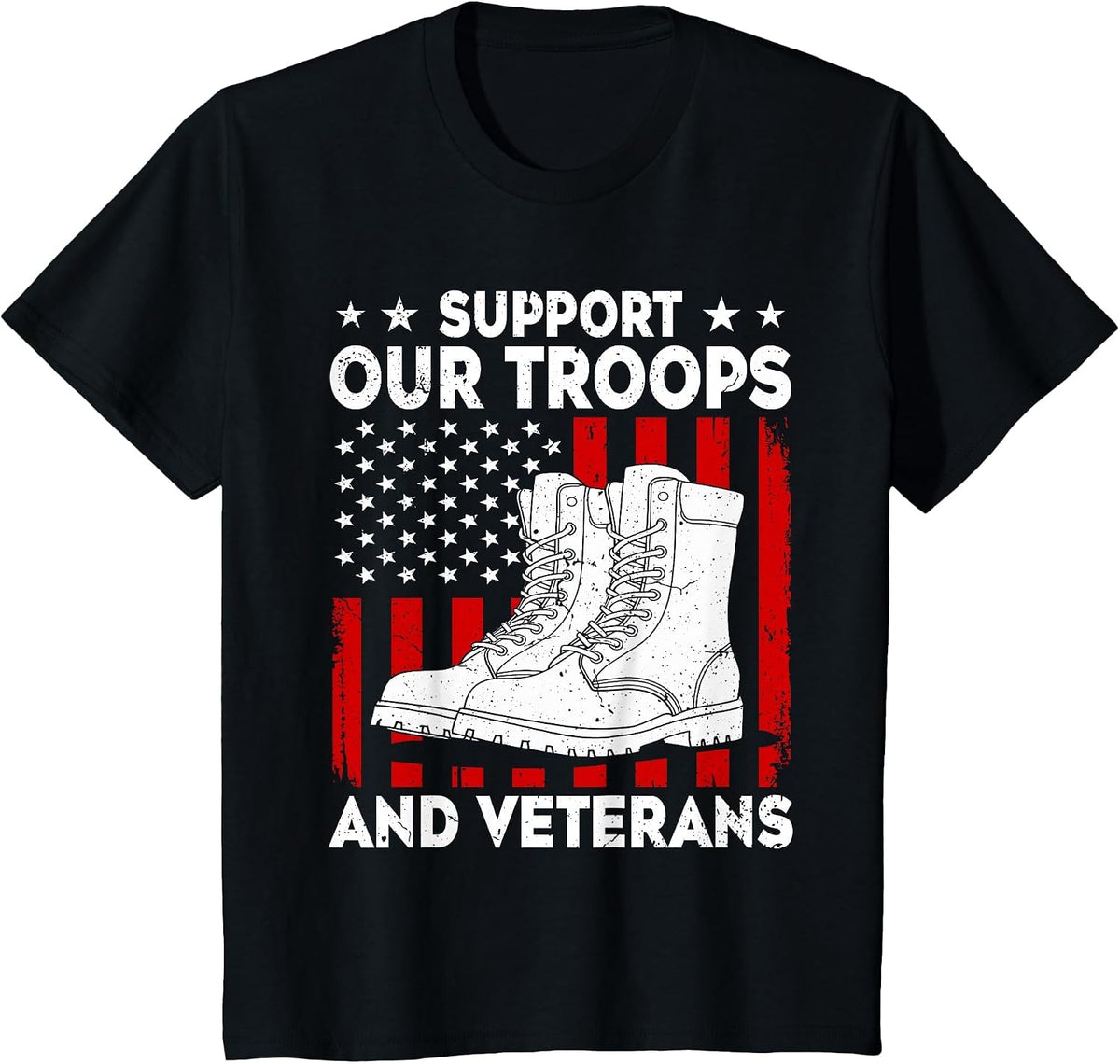 Support Our Troops and Veterans USA Flag Military Support T-Shirt - Black