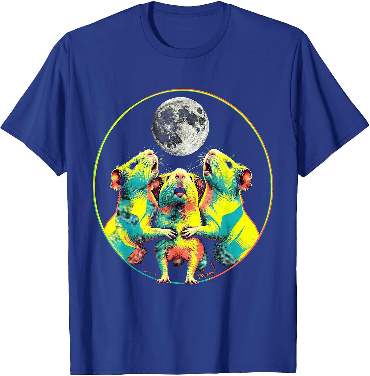Three Hairless Guinea Pigs Howl At Moon Risograph Parody T-Shirt - Royal Blue