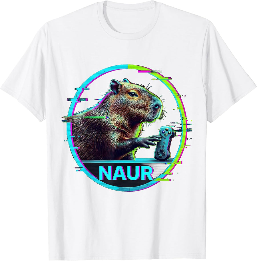 Men's Naur Glitch Datamosh Capybara Gamer Meme Humor T-Shirt - White