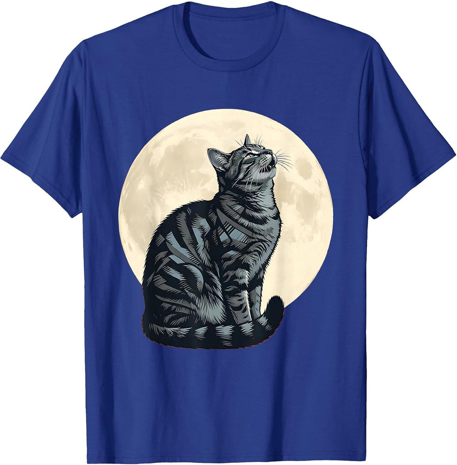 Gray Tabby Howling at Moon 90s Retro Novelty T-Shirt - Royal Blue