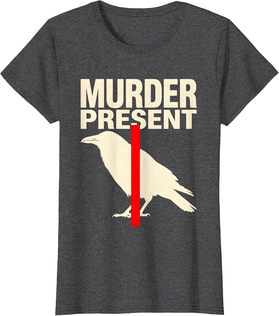 Women's Murder Present Stencil Crow Dark Humor Gothic Bird Lover T-Shirt - Dark Heather Grey