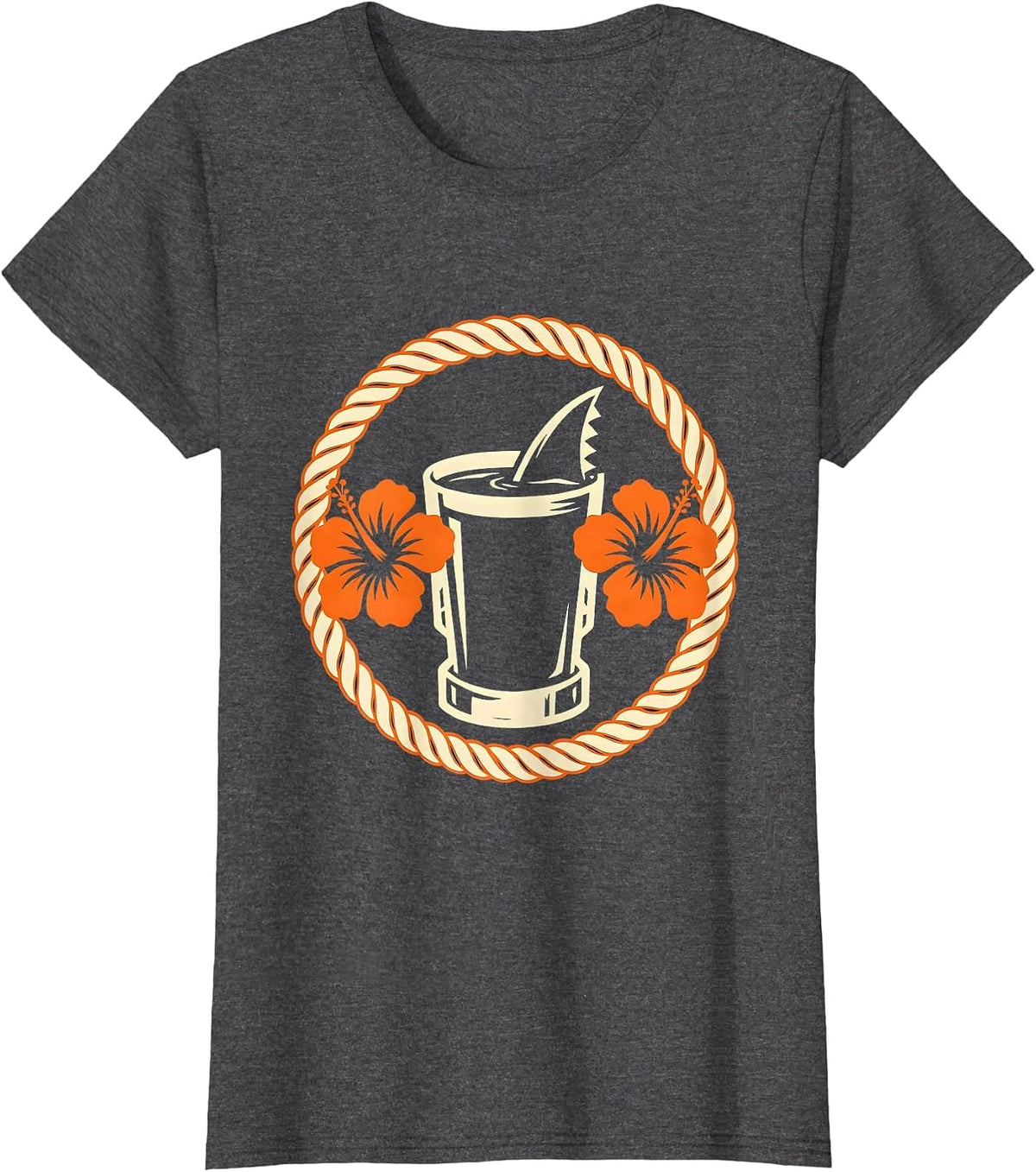 Women's Tropical Cocktail Shark Fin Hawaiian Design T-Shirt - Dark Heather Grey