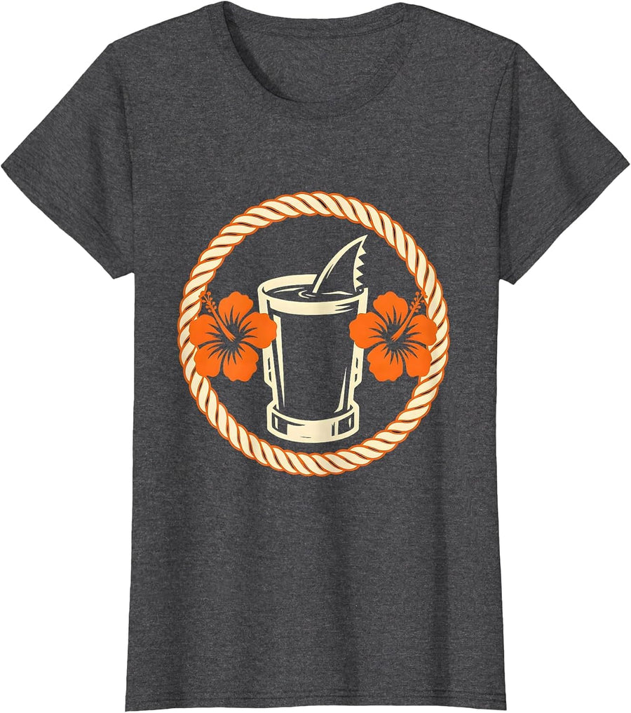 Women's Tropical Cocktail Shark Fin Hawaiian Design T-Shirt - Dark Heather Grey