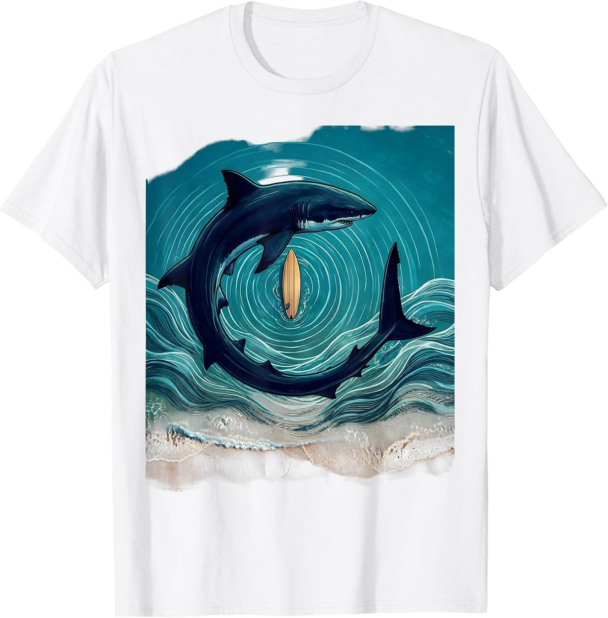 Men's Hawaiian Shark Circling Surfboard Graphic Tee T-Shirt - White