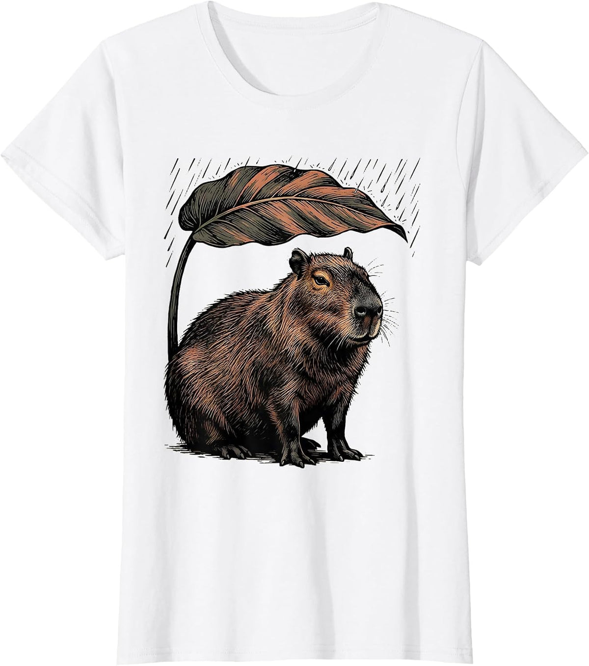 Capybara Under Leaf Linocut Funny Animal Humor T-Shirt - White