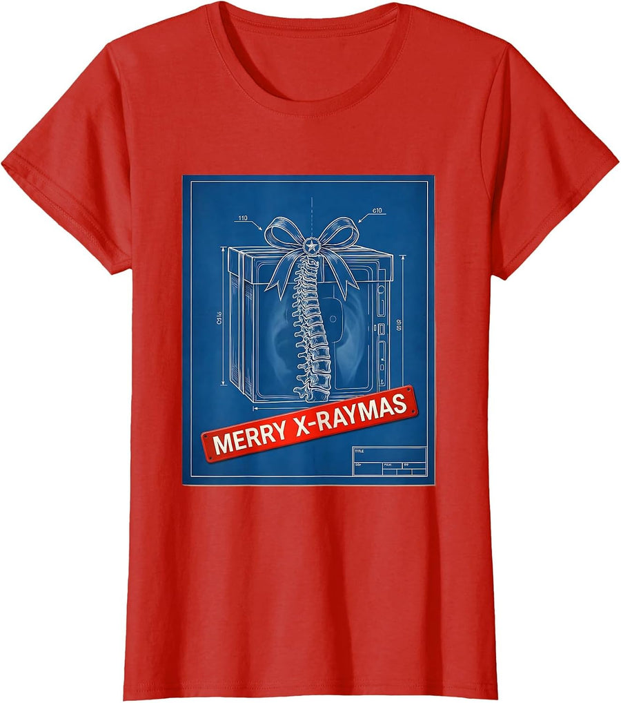 Women's Merry X-Raymas Technical Blueprint Radiology Tech Christmas T-Shirt - Red