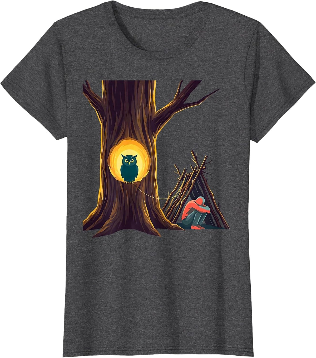 Women's Tree Hollow Owl Nature Camper Outdoor Humor T-Shirt - Dark Heather Grey
