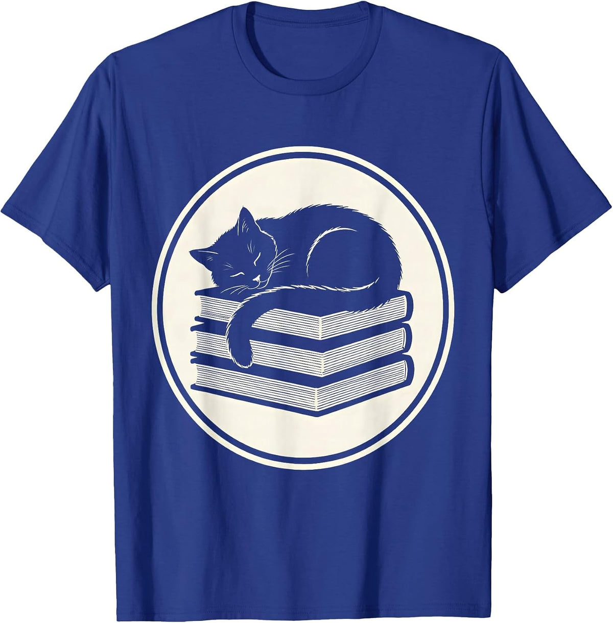 Tabby Cat Napping on Stack of Books T-Shirt - Royal Blue